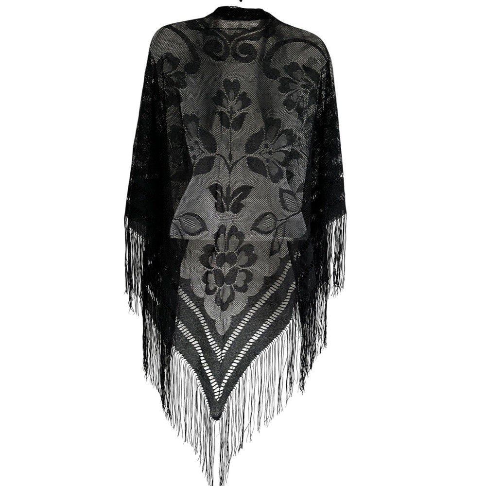 Vtg Sheer Black Floral Lace Fringe Triangle Shawl Wrap Japan Witchy Goth Boho